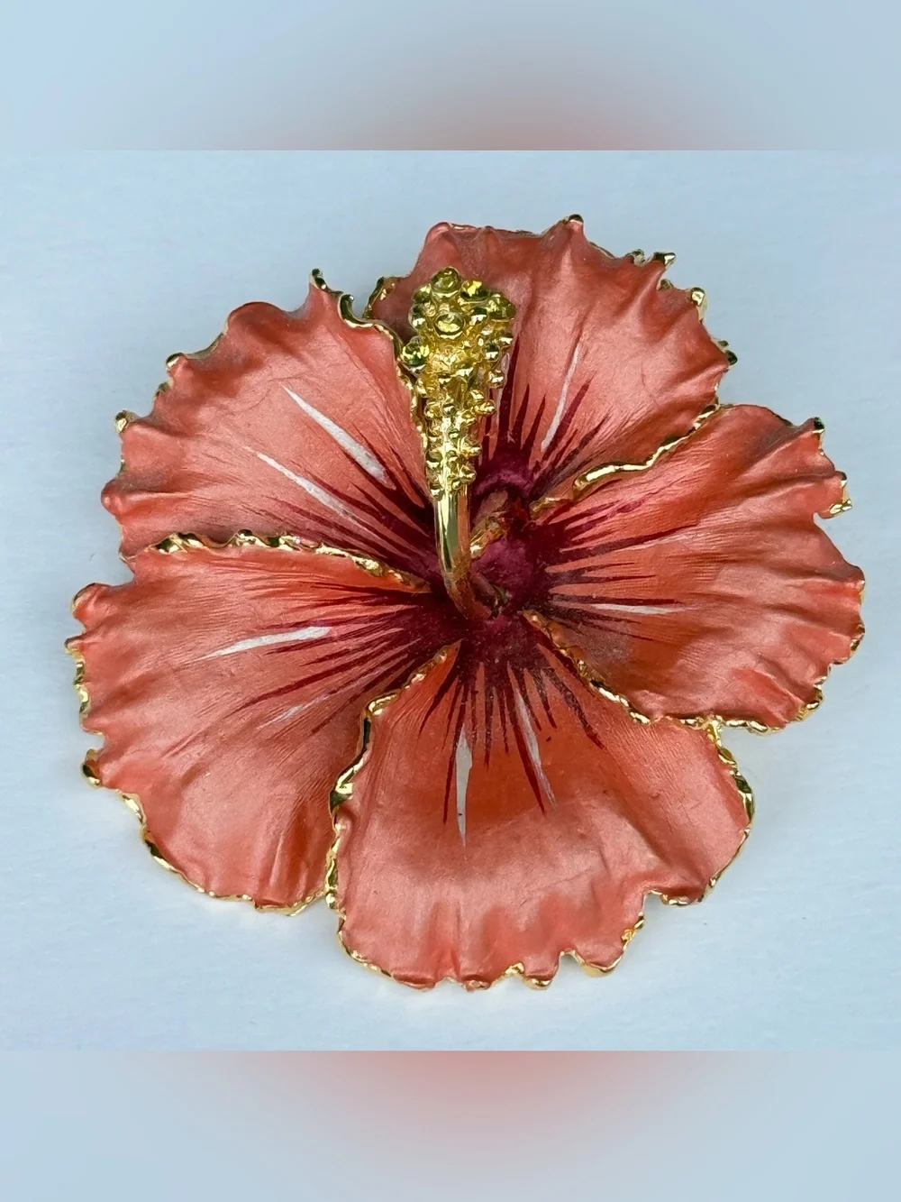 VINTAGE GOLD TONE PINK ENAMELED HIBISCUS FLOWER PIN BROOCH Pendant Flower Floral